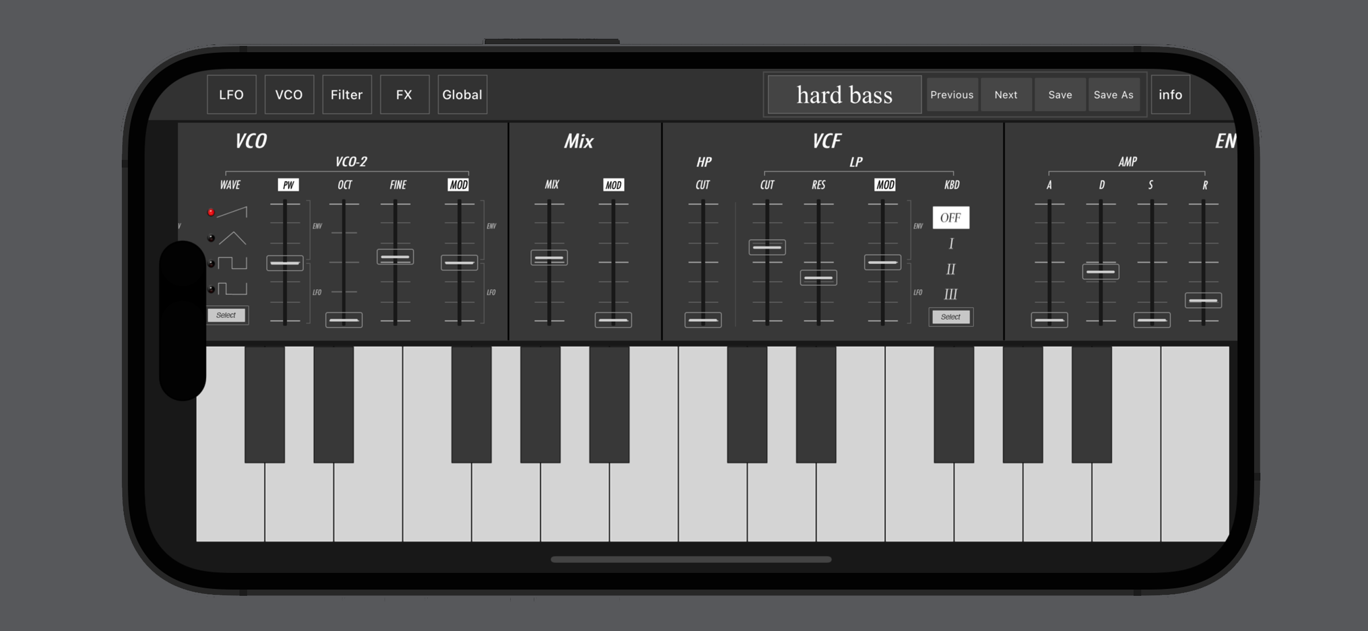 LH Grey analog-style synthesizer interface with dual oscillators, filters, Unison, Chorus, Delay, and Reverb